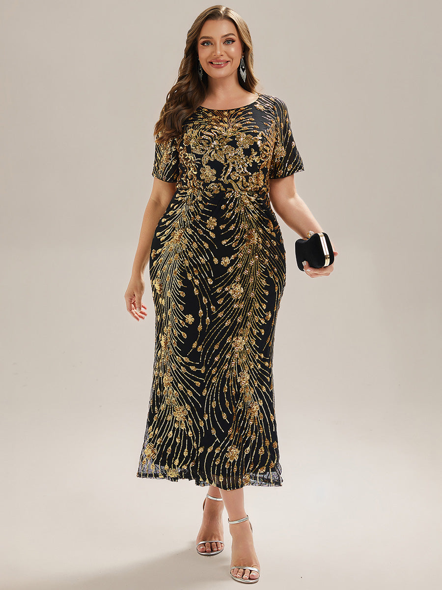 Plus Size Pleated Sequin Evening Dress #color_Black & Gold