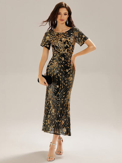 Sequin Mermaid Round Neck Evening Dress #color_Black & Gold
