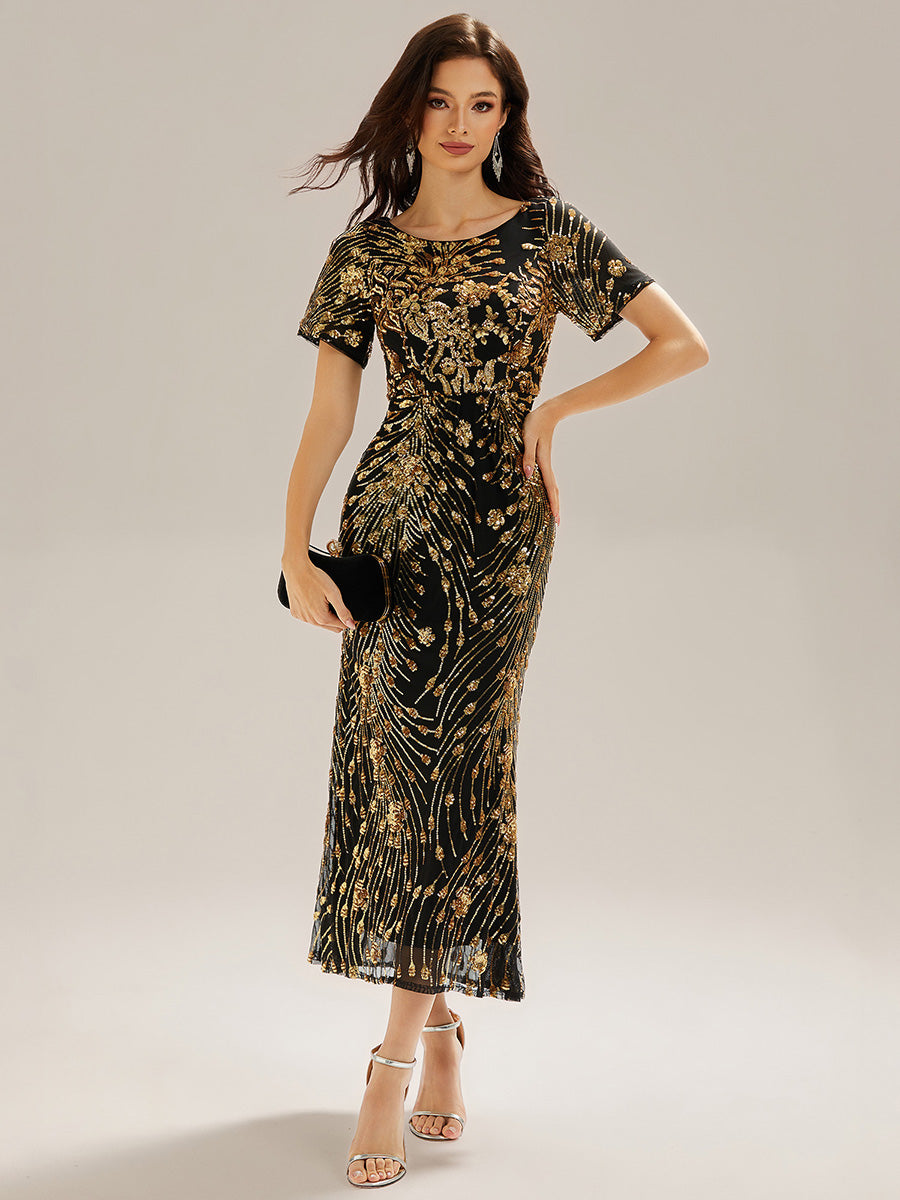 Sequin Mermaid Round Neck Evening Dress #color_Black & Gold