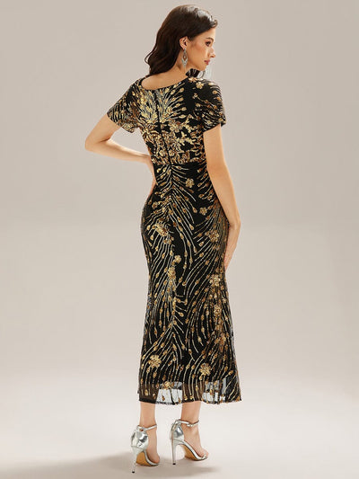 Sequin Mermaid Round Neck Evening Dress #color_Black & Gold