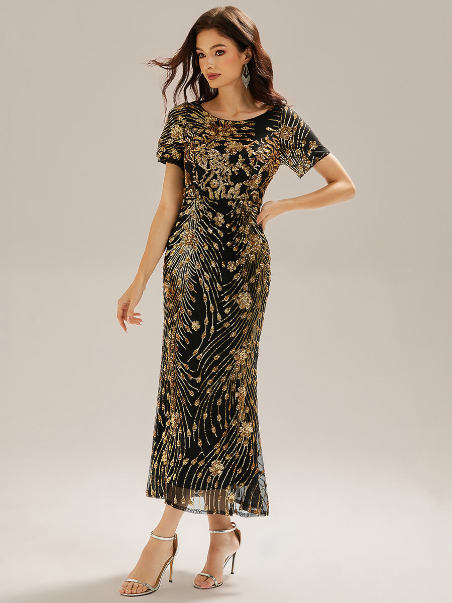 Sequin Mermaid Round Neck Evening Dress #color_Black & Gold