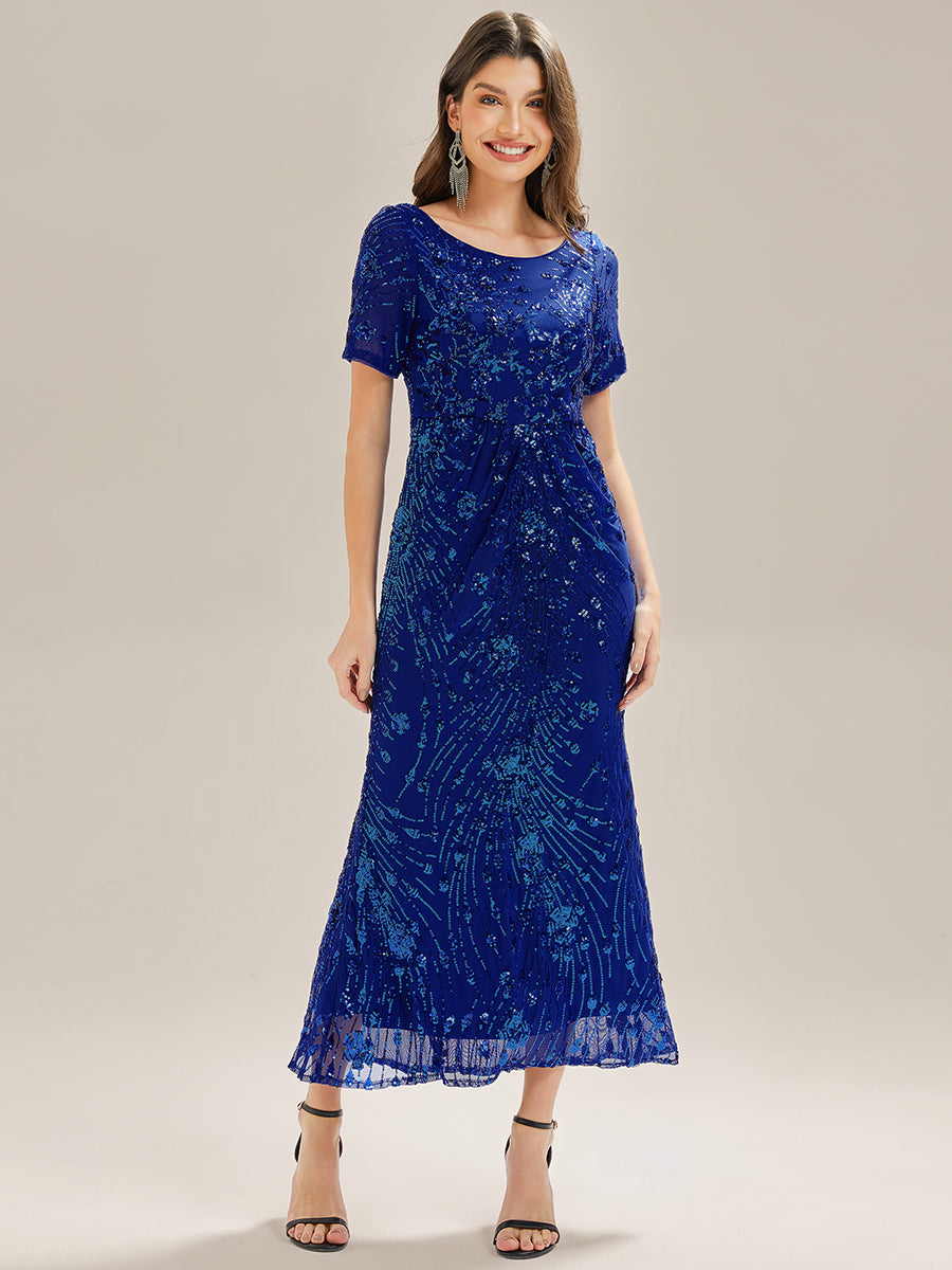 Sequin Mermaid Round Neck Evening Dress #color_Sapphire Blue