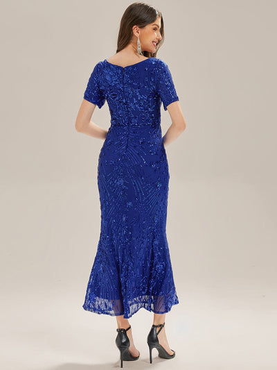 Sequin Mermaid Round Neck Evening Dress #color_Sapphire Blue