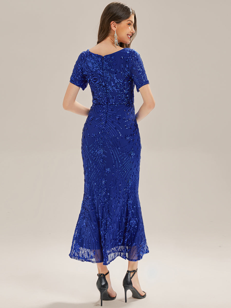 Sequin Mermaid Round Neck Evening Dress #color_Sapphire Blue