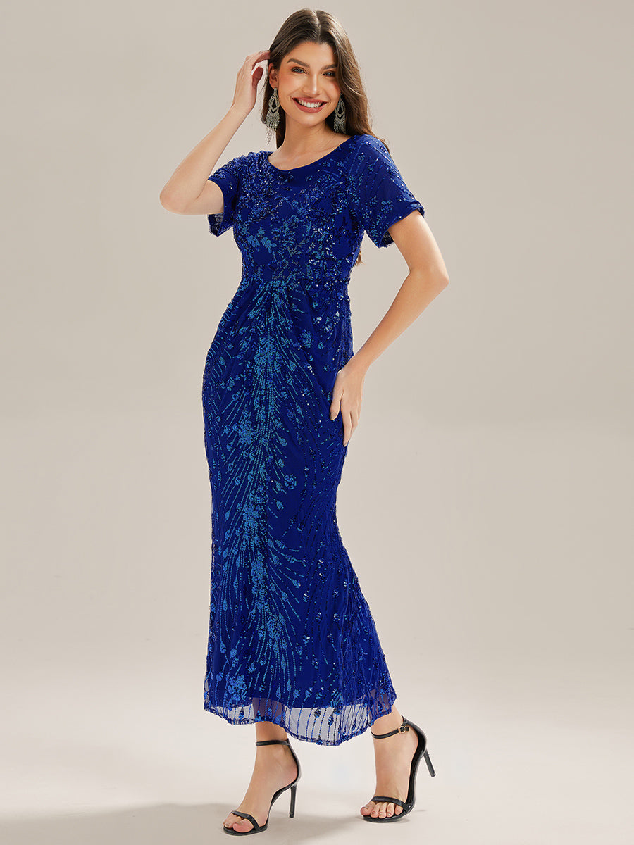 Sequin Mermaid Round Neck Evening Dress #color_Sapphire Blue