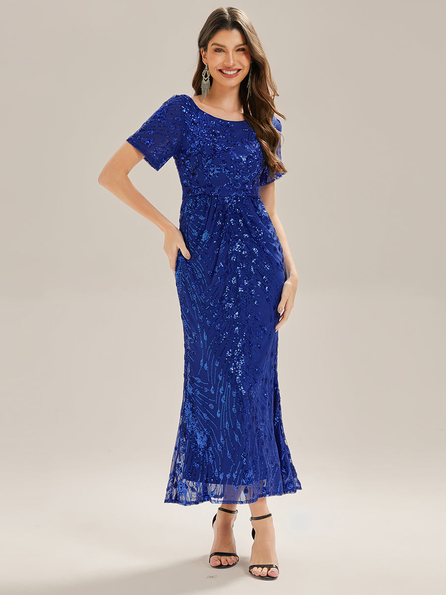 Sequin Mermaid Round Neck Evening Dress #color_Sapphire Blue
