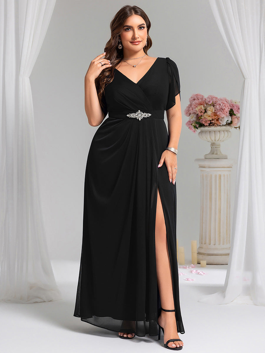 Rhinestone Embellished Chiffon Ruffle Sleeve Evening Dress #color_Black