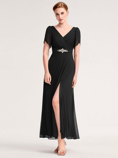 Rhinestone Embellished Chiffon Ruffle Sleeve Evening Dress #color_Black