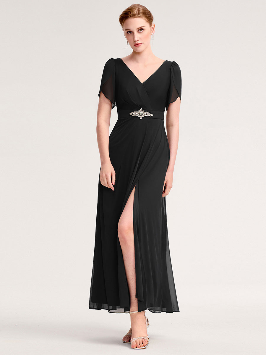 Rhinestone Embellished Chiffon Ruffle Sleeve Evening Dress #color_Black