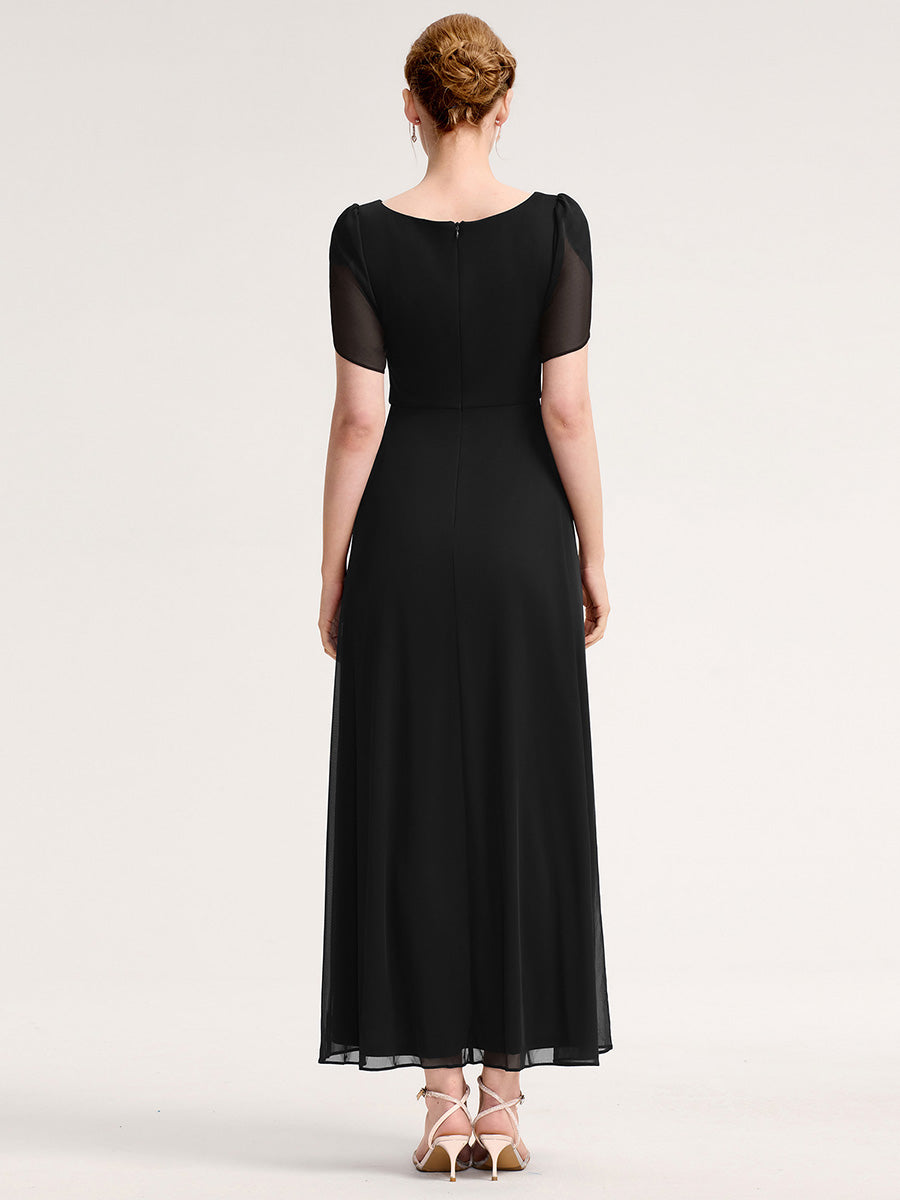 Rhinestone Embellished Chiffon Ruffle Sleeve Evening Dress #color_Black