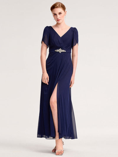 Rhinestone Embellished Chiffon Ruffle Sleeve Evening Dress #color_Navy Blue
