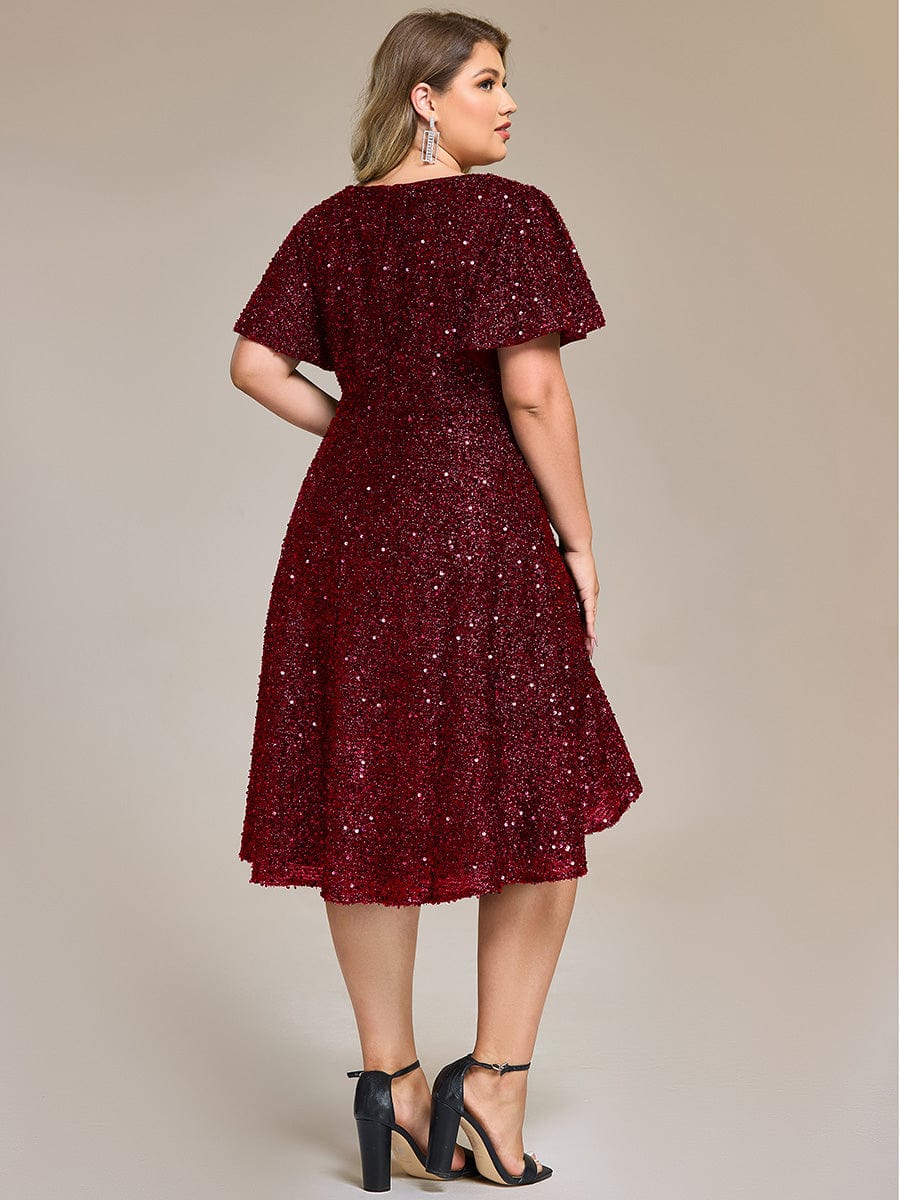 Sequin Ruffles Sleeve Midi Evening Dress #color_Burgundy