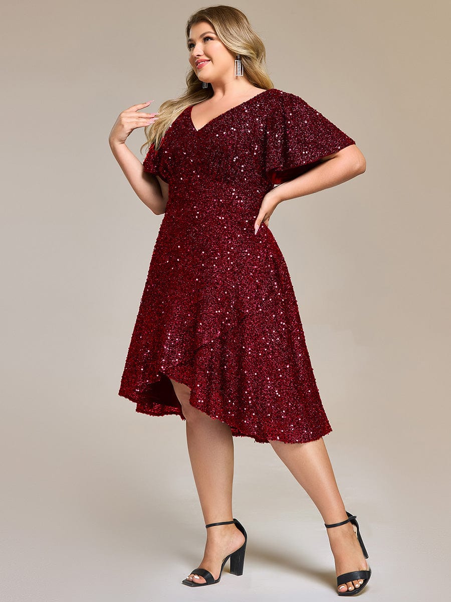 Sequin Ruffles Sleeve Midi Evening Dress #color_Burgundy