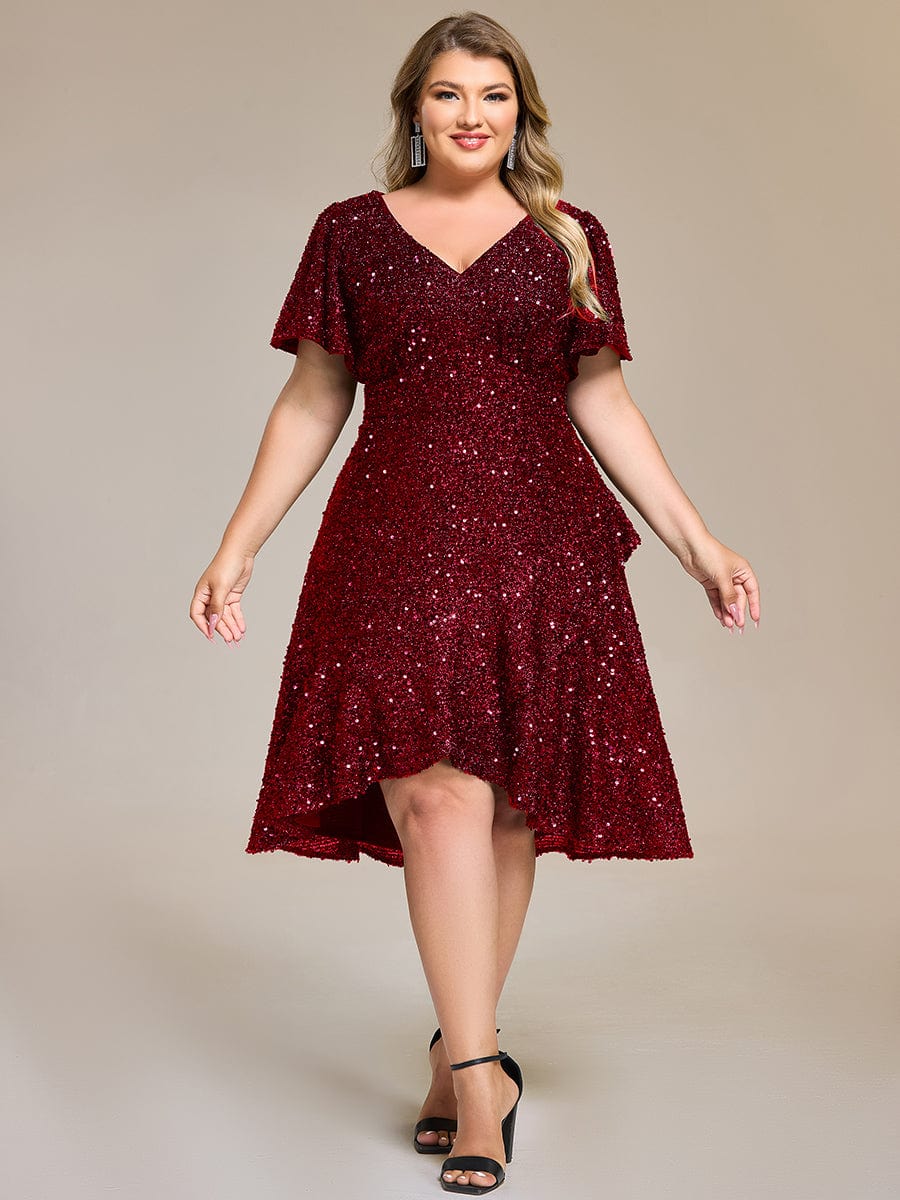 Sequin Ruffles Sleeve Midi Evening Dress #color_Burgundy