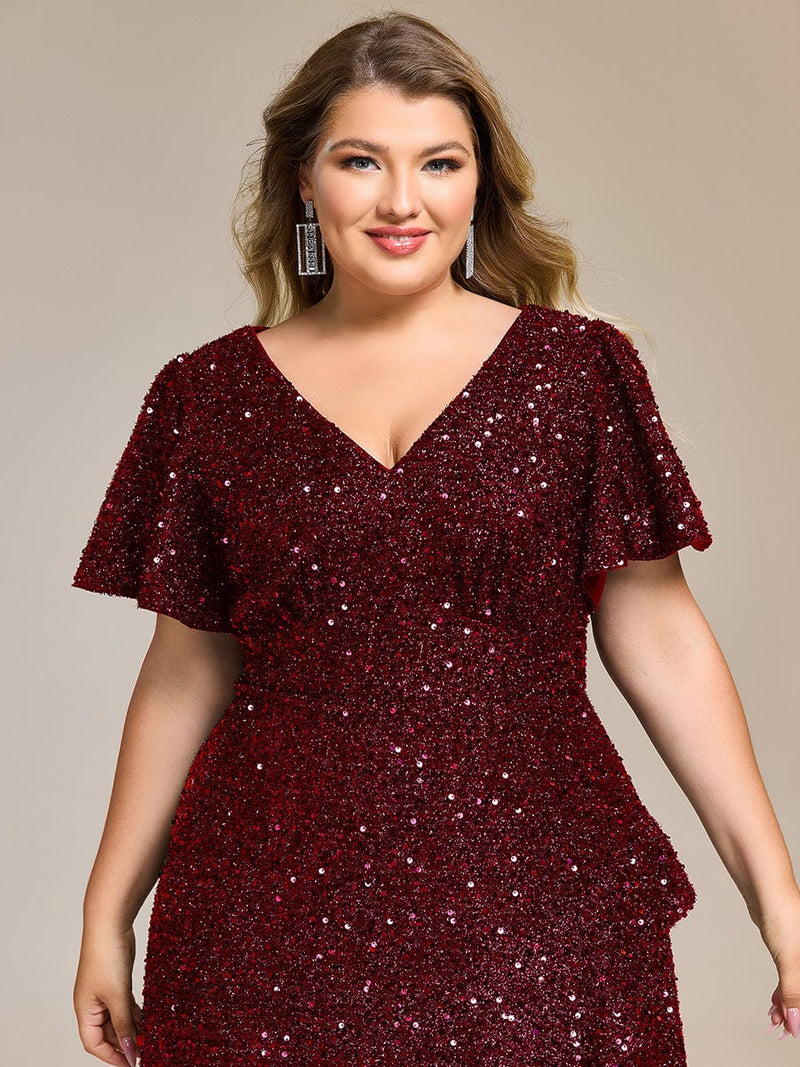 Sequin V Neck Midi Evening Dress with Ruffle Sleeves & Hemline