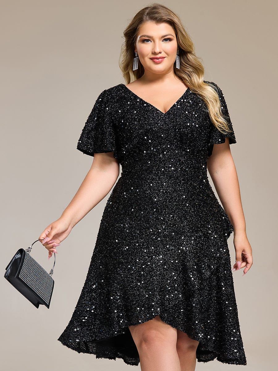 Sequin Ruffles Sleeve Midi Evening Dress #color_Black