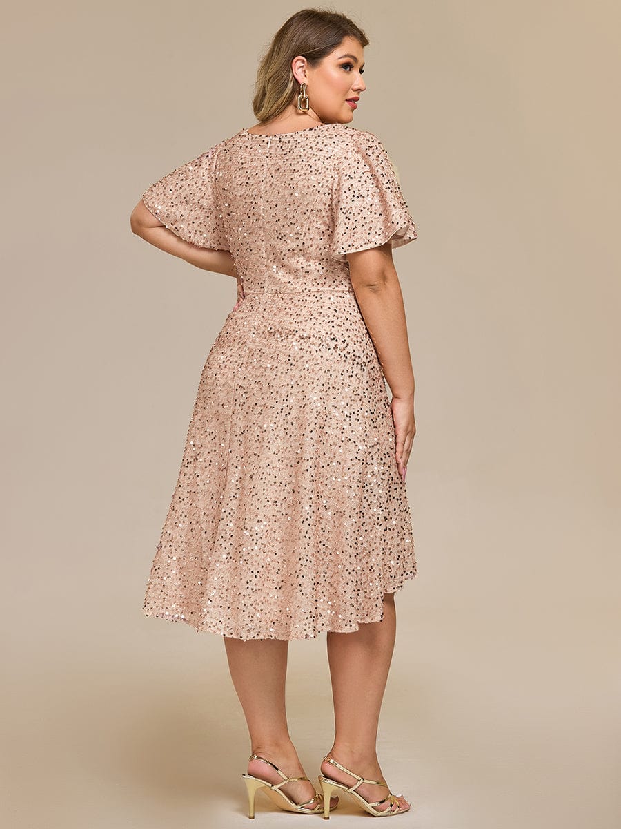 Sequin Ruffles Sleeve Midi Evening Dress #color_Champagne
