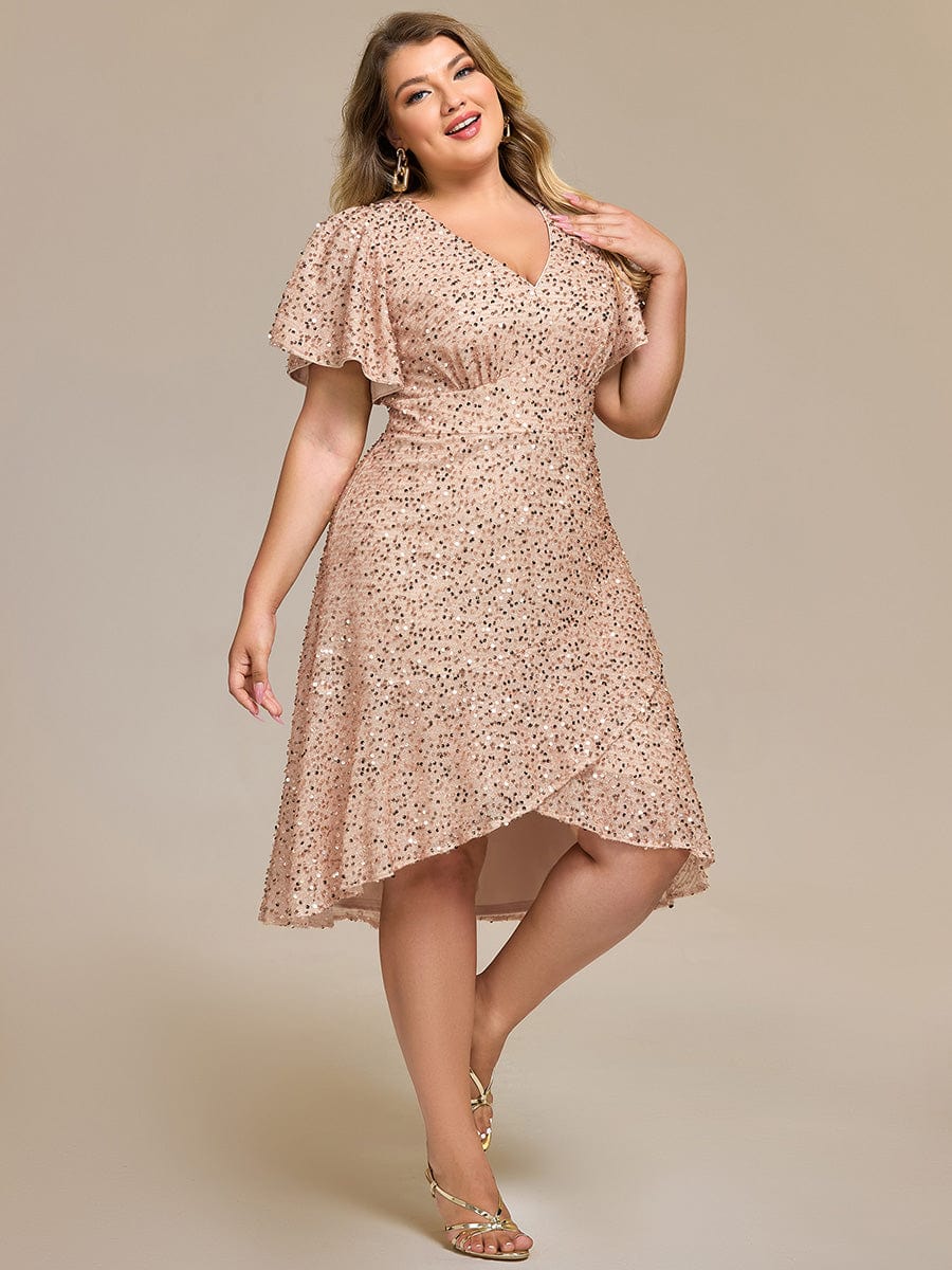 Sequin Ruffles Sleeve Midi Evening Dress #color_Champagne