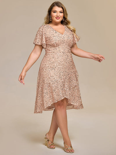 Sequin Ruffles Sleeve Midi Evening Dress #color_Champagne