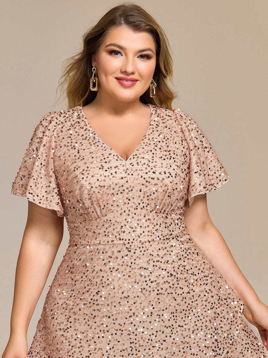 Sequin Ruffles Sleeve Midi Evening Dress #color_Champagne