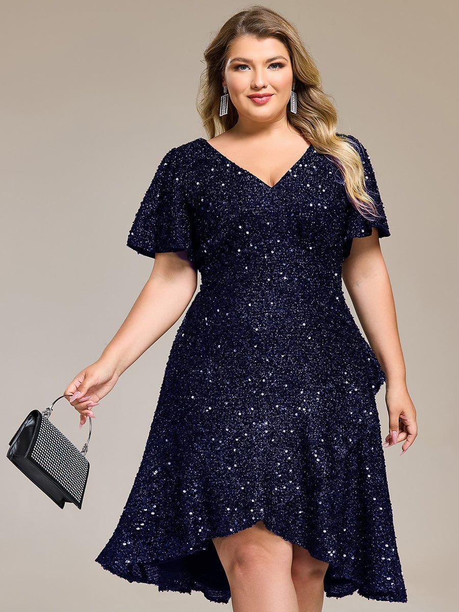 Sequin Ruffles Sleeve Midi Evening Dress #color_Navy Blue