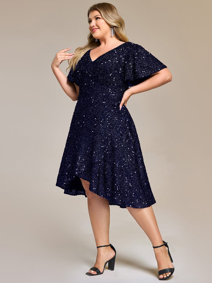 Sequin Ruffles Sleeve Midi Evening Dress #color_Navy Blue