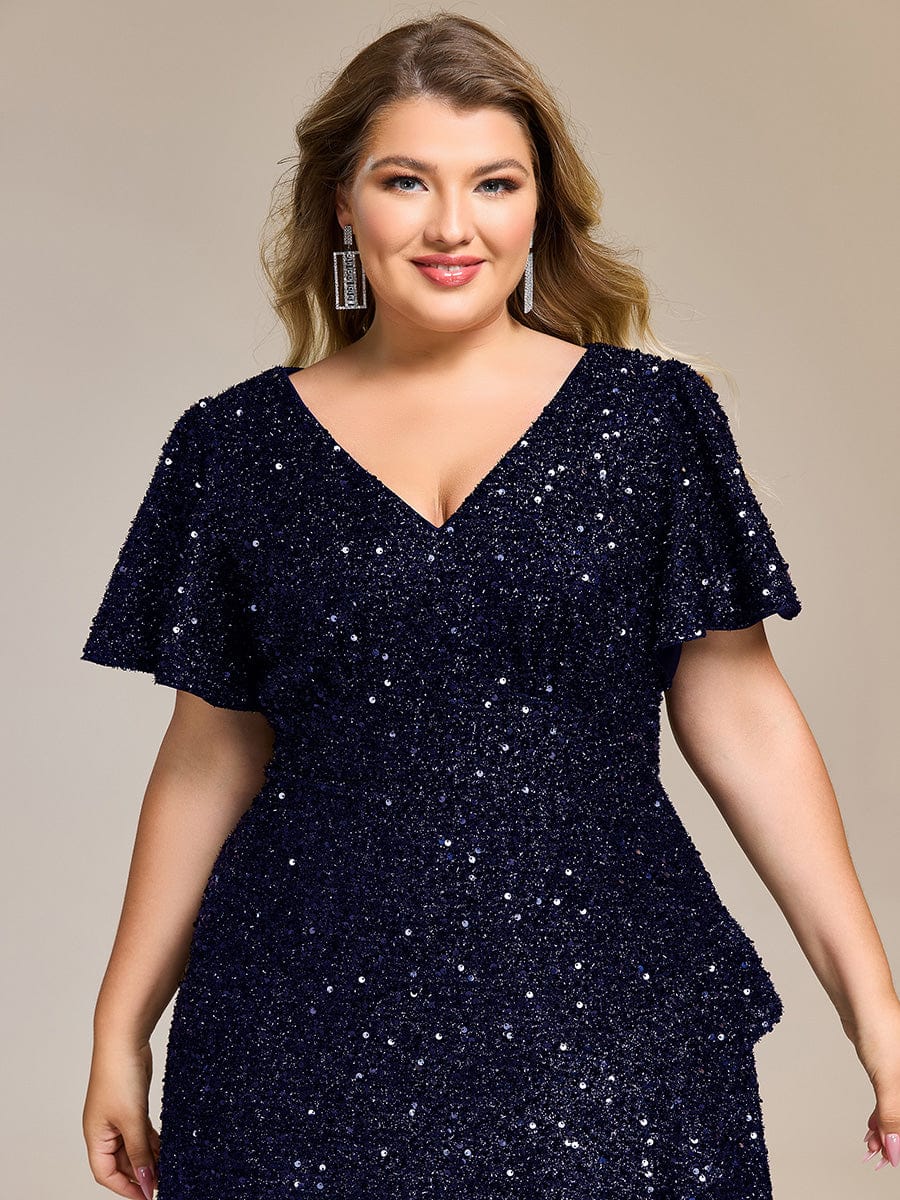 Sequin Ruffles Sleeve Midi Evening Dress #color_Navy Blue