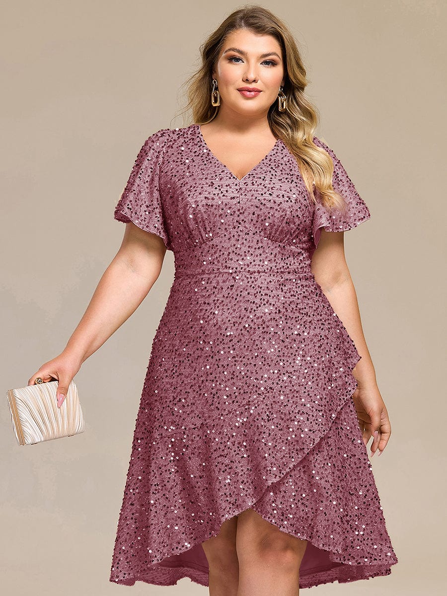 Sequin Ruffles Sleeve Midi Evening Dress #color_Purple Orchid