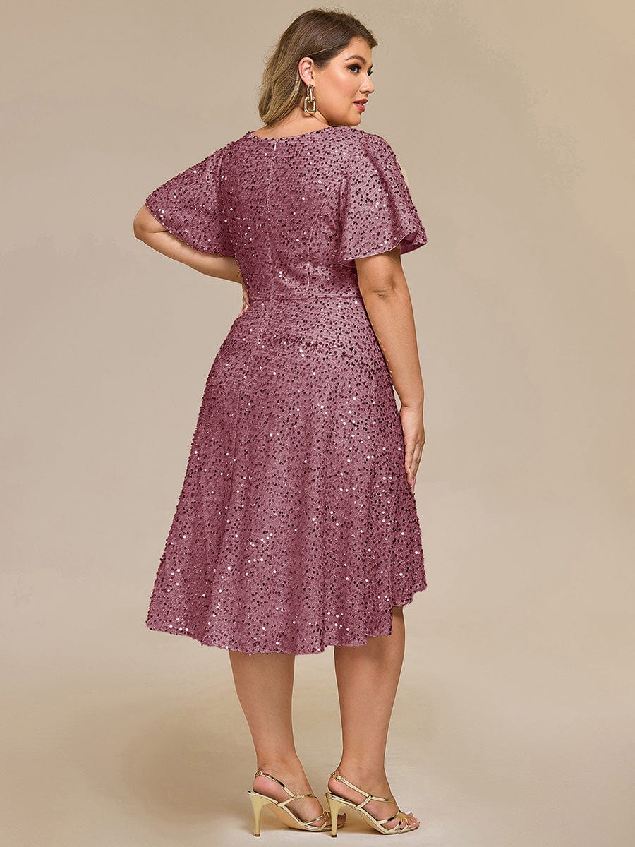 Sequin Ruffles Sleeve Midi Evening Dress #color_Purple Orchid