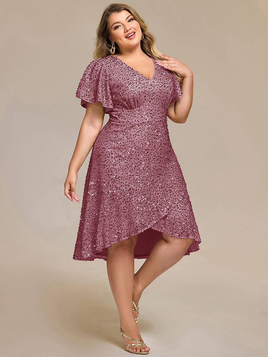 Sequin Ruffles Sleeve Midi Evening Dress #color_Purple Orchid
