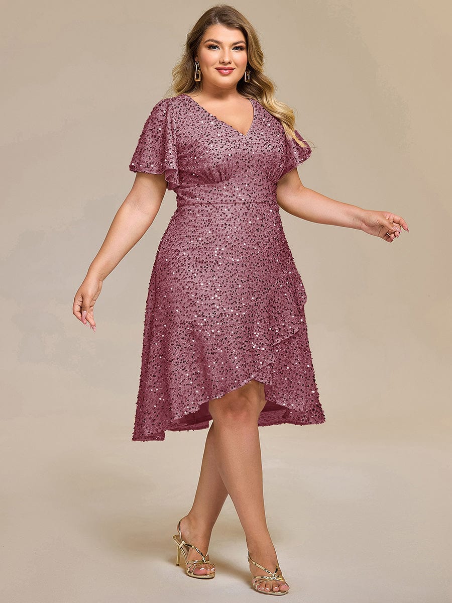 Sequin Ruffles Sleeve Midi Evening Dress #color_Purple Orchid