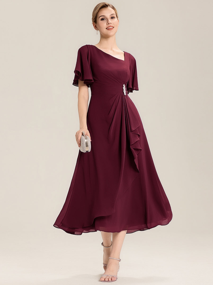 Rhinestone Embellished Chiffon Ruffle Sleeve Evening Dress #color_Burgundy