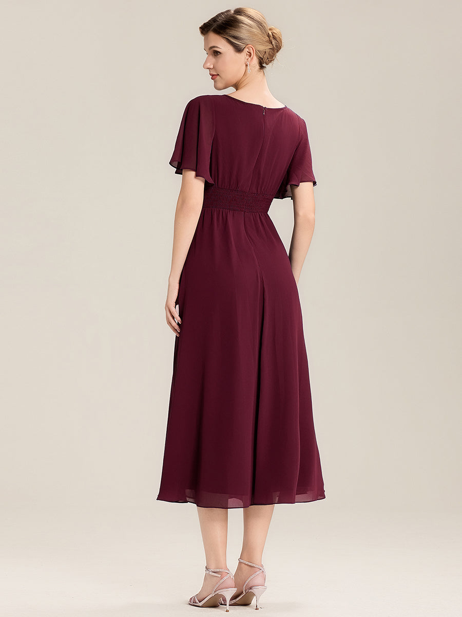 Rhinestone Embellished Chiffon Ruffle Sleeve Evening Dress #color_Burgundy