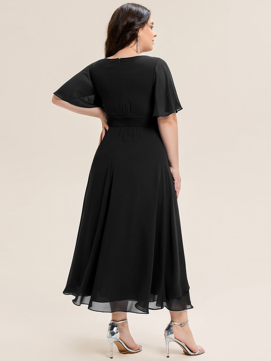 Rhinestone Embellished Chiffon Ruffle Sleeve Evening Dress #color_Black