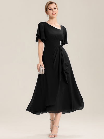 Rhinestone Embellished Chiffon Ruffle Sleeve Evening Dress #color_Black