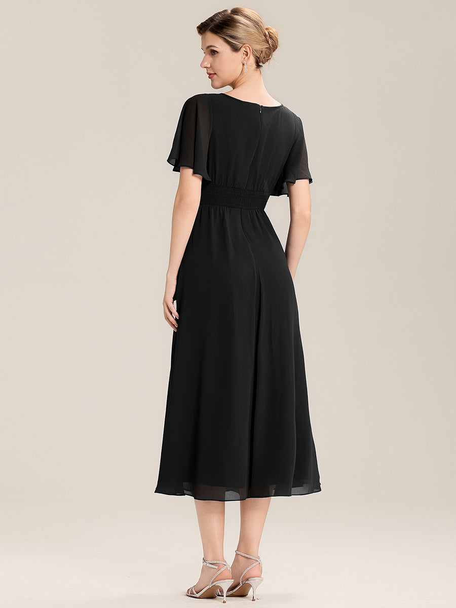 Rhinestone Embellished Chiffon Ruffle Sleeve Evening Dress #color_Black