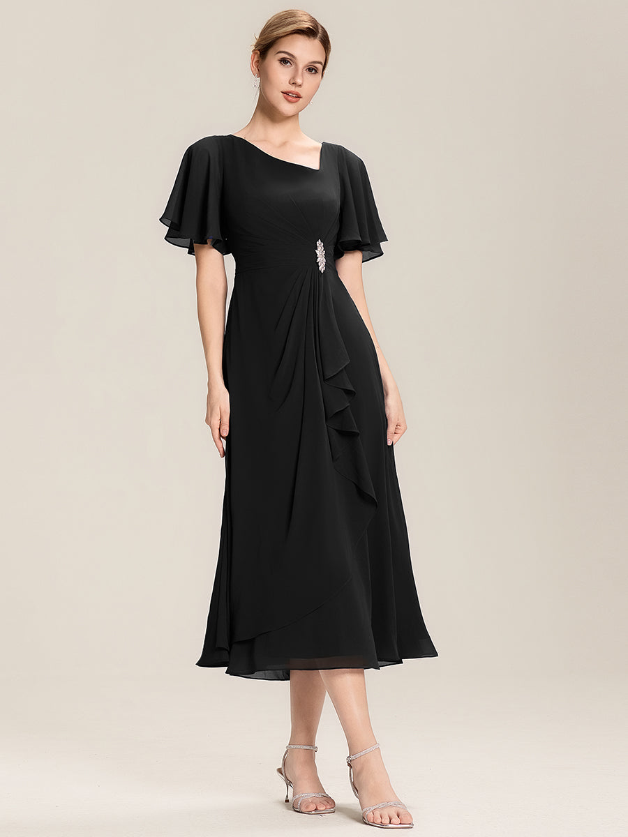 Rhinestone Embellished Chiffon Ruffle Sleeve Evening Dress #color_Black