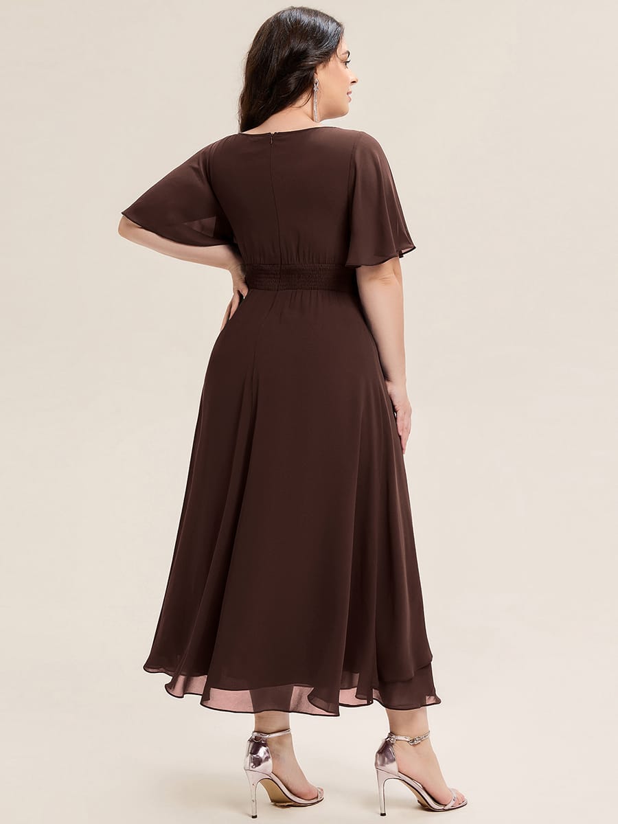 Rhinestone Embellished Chiffon Ruffle Sleeve Evening Dress #color_Chocolate brown