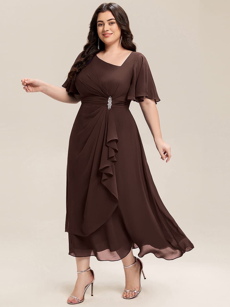 Rhinestone Embellished Chiffon Ruffle Sleeve Evening Dress #color_Chocolate brown