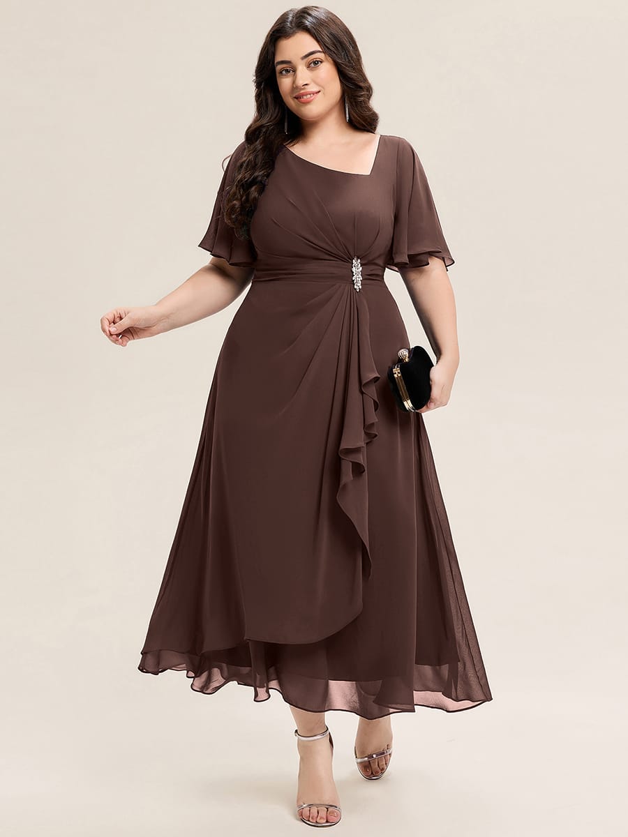 Rhinestone Embellished Chiffon Ruffle Sleeve Evening Dress #color_Chocolate brown