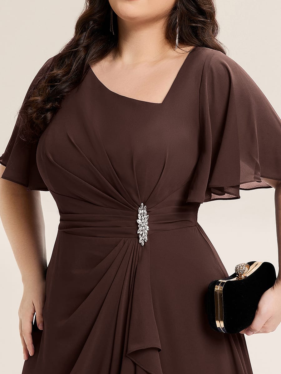 Rhinestone Embellished Chiffon Ruffle Sleeve Evening Dress #color_Chocolate brown