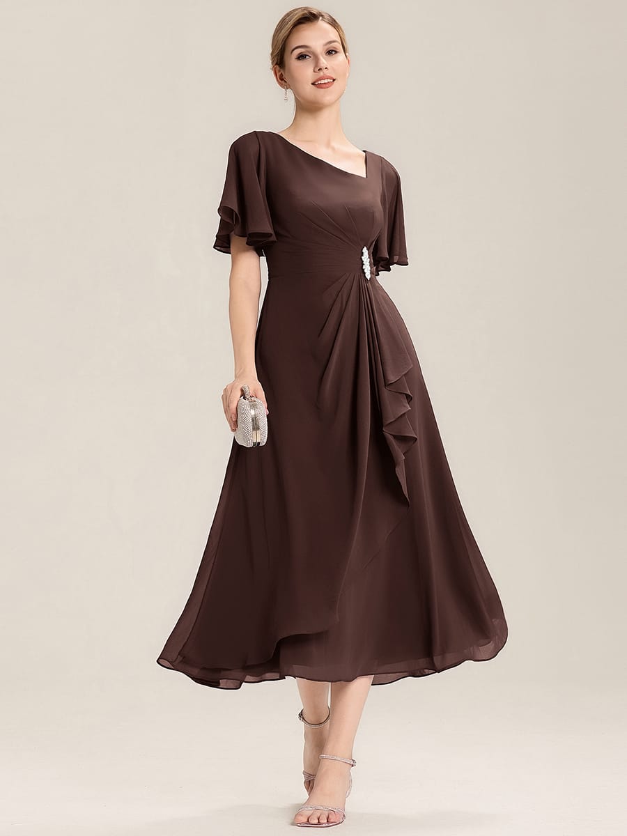 Rhinestone Embellished Chiffon Ruffle Sleeve Evening Dress #color_Chocolate brown