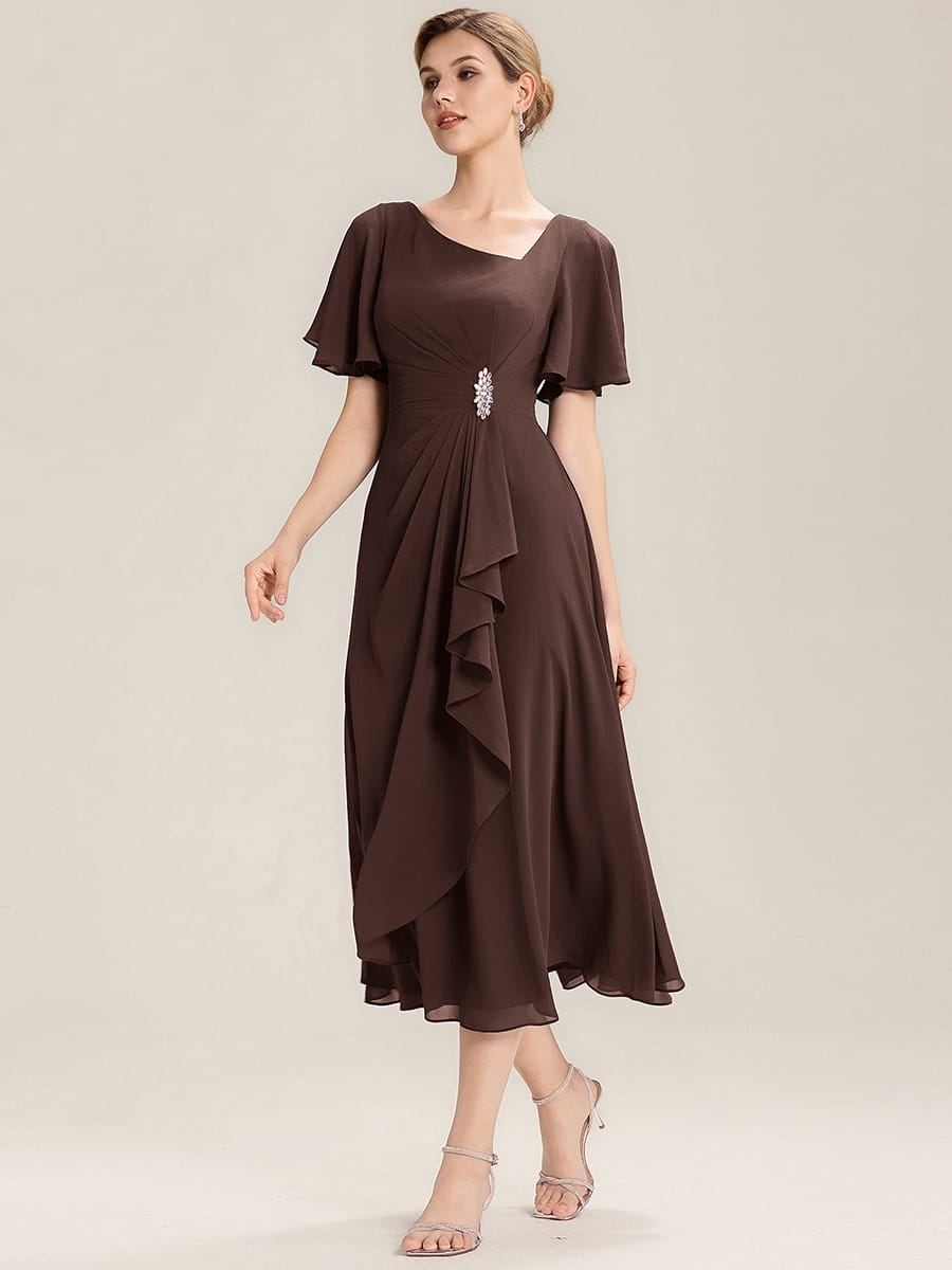 Rhinestone Embellished Chiffon Ruffle Sleeve Evening Dress #color_Chocolate brown