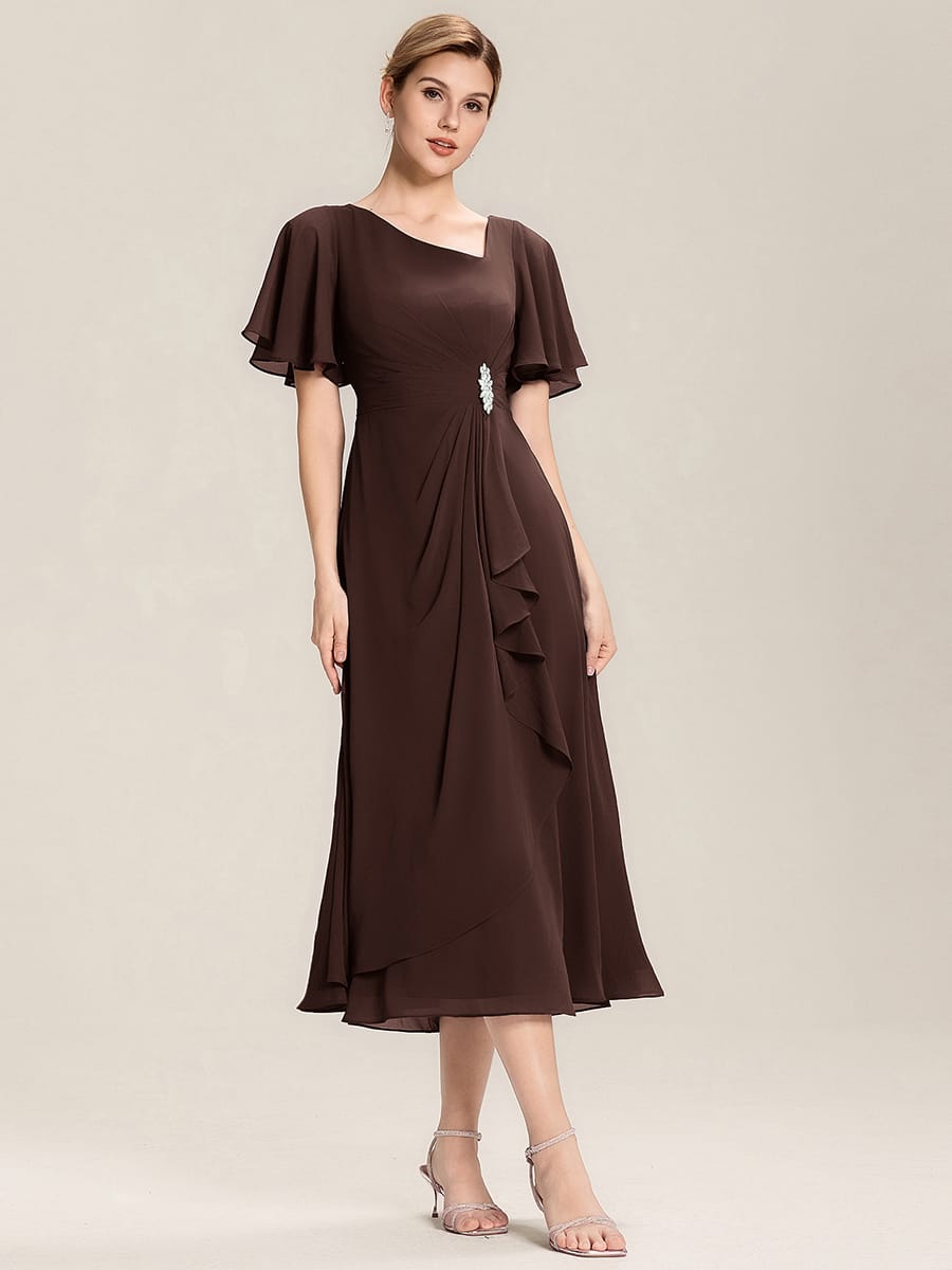 Rhinestone Embellished Chiffon Ruffle Sleeve Evening Dress #color_Chocolate brown