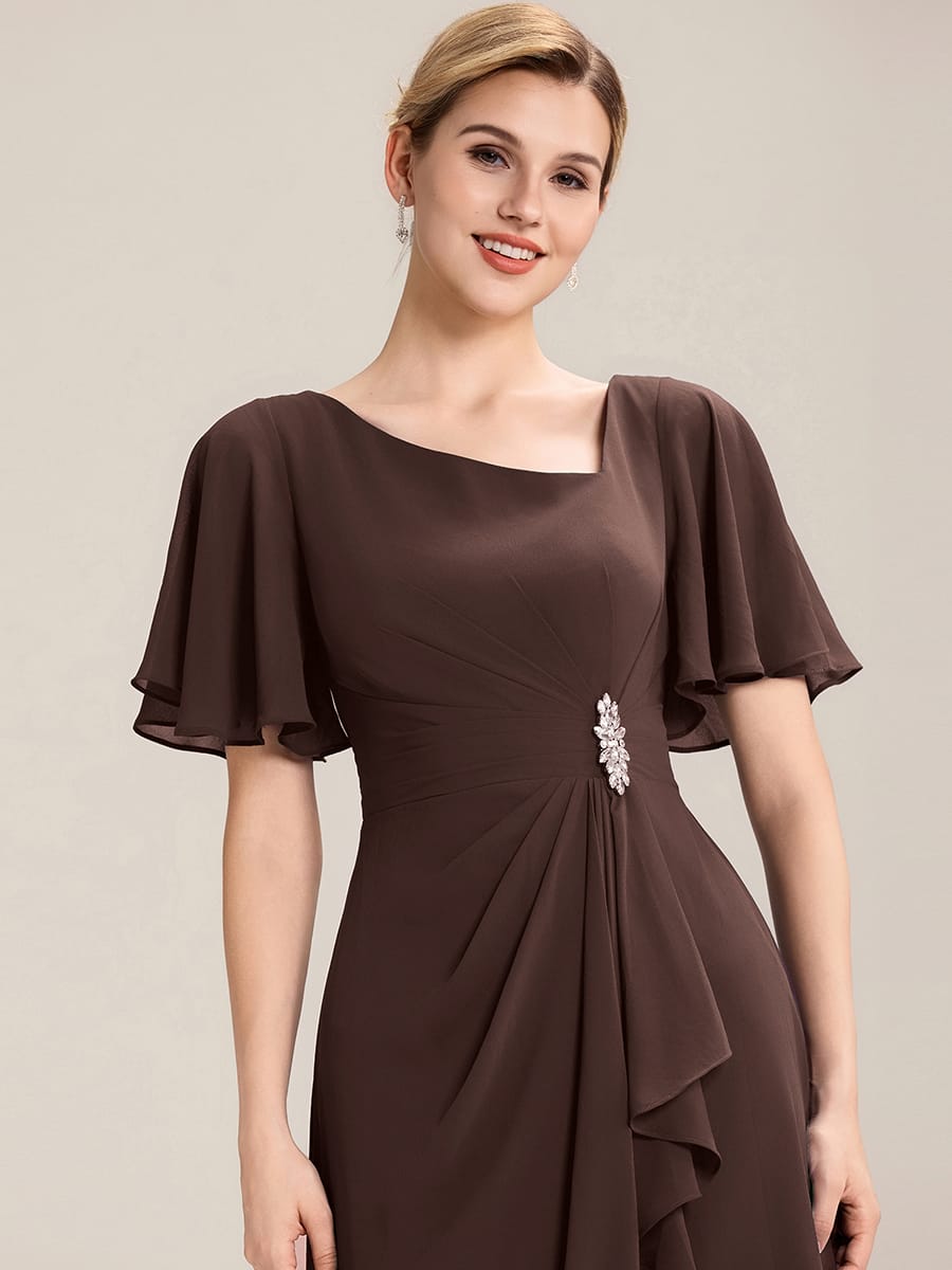 Rhinestone Embellished Chiffon Ruffle Sleeve Evening Dress #color_Chocolate brown