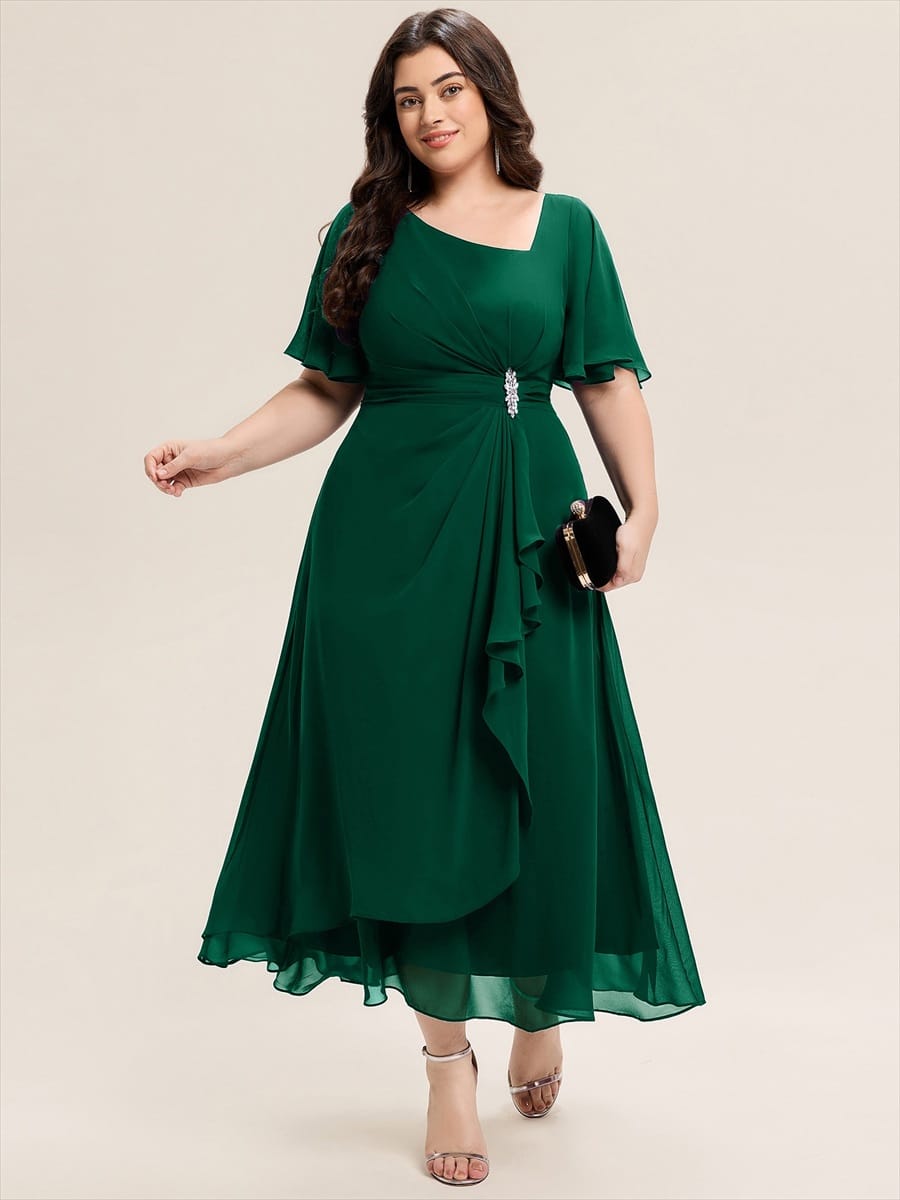 Rhinestone Embellished Chiffon Ruffle Sleeve Evening Dress #color_Dark Green