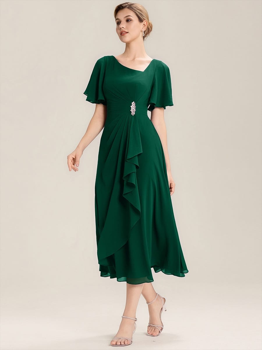 Rhinestone Embellished Chiffon Ruffle Sleeve Evening Dress #color_Dark Green