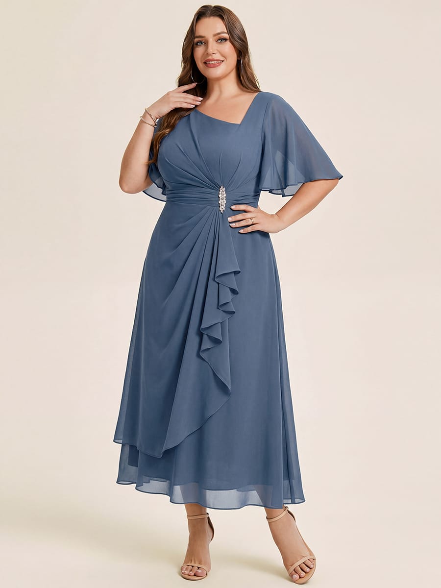 Rhinestone Embellished Chiffon Ruffle Sleeve Evening Dress #color_Dusty Blue