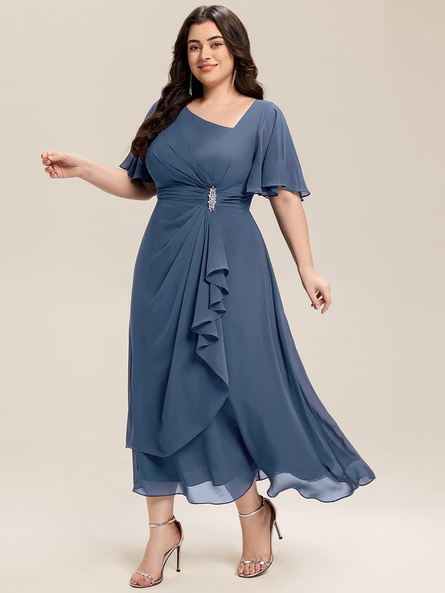 Rhinestone Embellished Chiffon Ruffle Sleeve Evening Dress #color_Dusty Blue