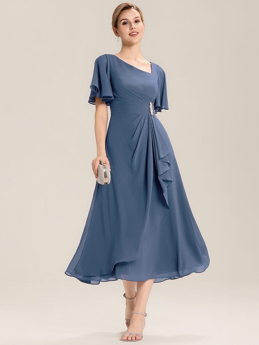 Rhinestone Embellished Chiffon Ruffle Sleeve Evening Dress #color_Dusty Blue